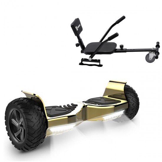 Pachet Hoverboard 8.5 inch cu Scaun Confort, Hummer Gold, Autonomie Standard si Hoverkart cu Burete Negru, Smart Balance