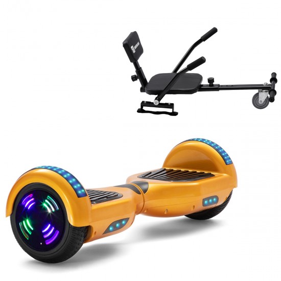 Pachet Hoverboard 6.5 inch cu Scaun Confort, Regular Gold Junior, Autonomie Standard si Hoverkart cu Burete Negru, Smart Balance