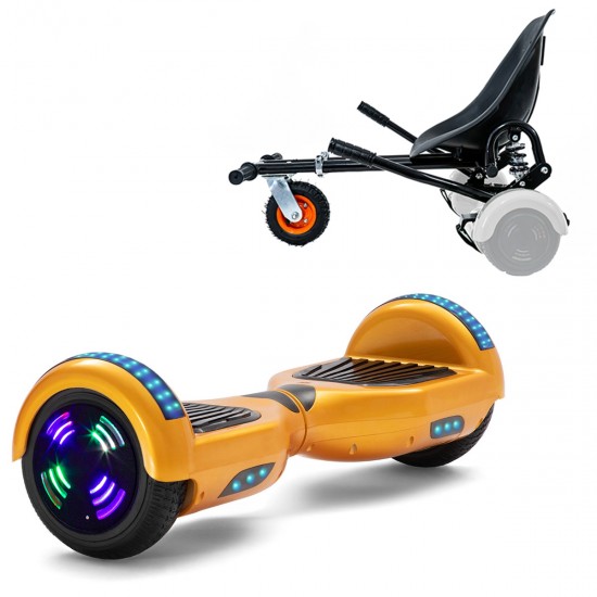 Pachet Hoverboard 6.5 inch cu Scaun cu Suspensii, Regular Gold Junior, Autonomie Standard si Hoverkart Negru cu Suspensii Duble, Smart Balance