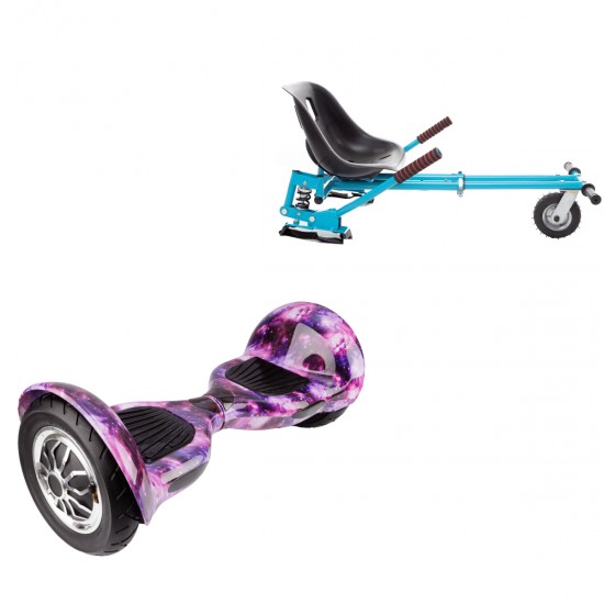 Pachet Hoverboard 10 inch cu Scaun cu Suspensii, Off-Road Galaxy, Autonomie Standard si Hoverkart Albastru cu Suspensii Duble, Smart Balance