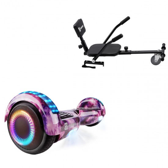 Pachet Hoverboard 6.5 inch cu Scaun Confort, Regular Galaxy Pink PRO, Autonomie Extinsa si Hoverkart cu Burete Negru, Smart Balance