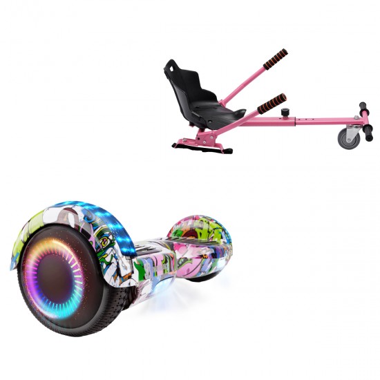 Pachet Hoverboard 6.5 inch cu Scaun Standard, Regular Multicolor PRO, Autonomie Extinsa si Hoverkart Ergonomic Roz, Smart Balance