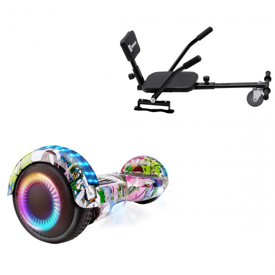 Pachet Hoverboard 6.5 inch cu Scaun Confort, Regular Multicolor PRO, Autonomie Extinsa si Hoverkart cu Burete Negru, Smart Balance