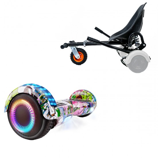 Pachet Hoverboard 6.5 inch cu Scaun cu Suspensii, Regular Multicolor PRO, Autonomie Extinsa si Hoverkart Negru cu Suspensii Duble, Smart Balance