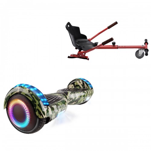 Pachet Hoverboard 6.5 inch cu Scaun Standard, Regular Camouflage PRO, Autonomie Standard si Hoverkart Ergonomic Rosu, Smart Balance