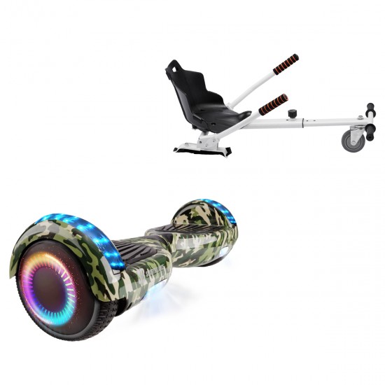 Pachet Hoverboard 6.5 inch cu Scaun Standard, Regular Camouflage PRO, Autonomie Extinsa si Hoverkart Ergonomic Alb, Smart Balance