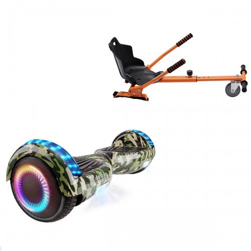 Pachet Hoverboard 6.5 inch cu Scaun Standard, Regular Camouflage PRO, Autonomie Standard si Hoverkart Ergonomic Portocaliu, Smart Balance