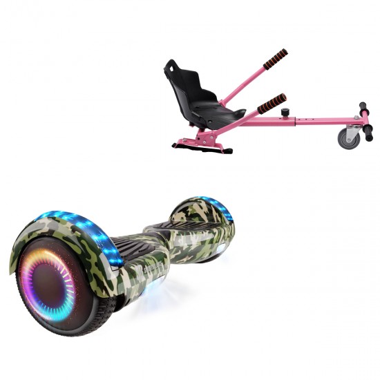 Pachet Hoverboard 6.5 inch cu Scaun Standard, Regular Camouflage PRO, Autonomie Standard si Hoverkart Ergonomic Roz, Smart Balance