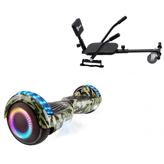 Pachet Hoverboard 6.5 inch cu Scaun Confort, Regular Camouflage PRO, Autonomie Standard si Hoverkart cu Burete Negru, Smart Balance