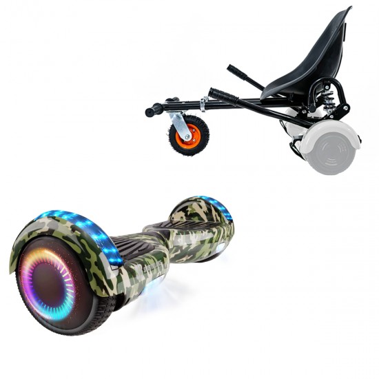 Pachet Hoverboard 6.5 inch cu Scaun cu Suspensii, Regular Camouflage PRO, Autonomie Standard si Hoverkart Negru cu Suspensii Duble, Smart Balance