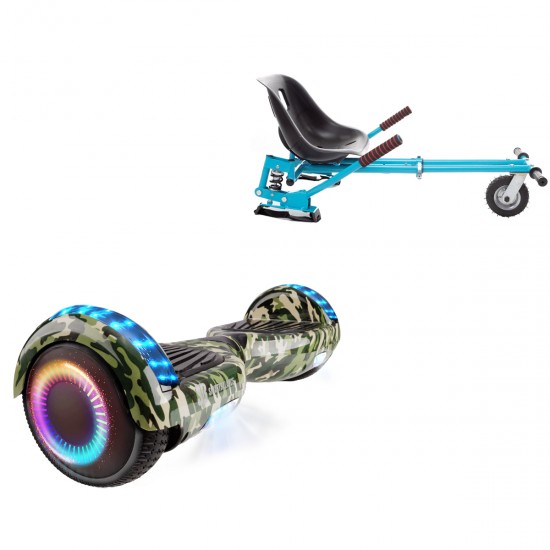 Pachet Hoverboard 6.5 inch cu Scaun cu Suspensii, Regular Camouflage PRO, Autonomie Extinsa si Hoverkart Albastru cu Suspensii Duble, Smart Balance