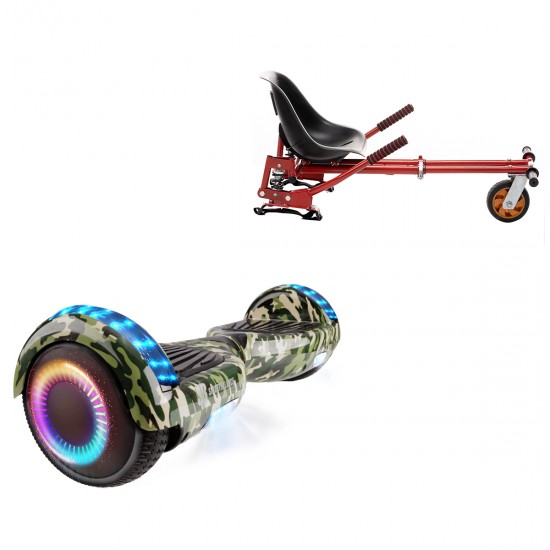 Pachet Hoverboard 6.5 inch cu Scaun cu Suspensii, Regular Camouflage PRO, Autonomie Standard si Hoverkart Rosu cu Suspensii Duble, Smart Balance