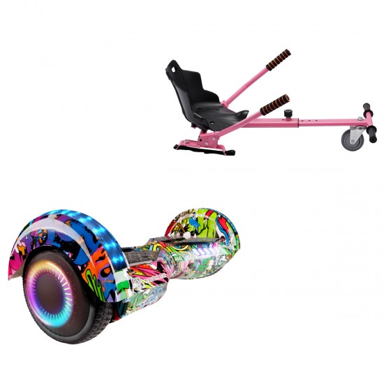 Pachet Hoverboard 6.5 inch cu Scaun Standard, Transformers Multicolor PRO, Autonomie Extinsa si Hoverkart Ergonomic Roz, Smart Balance