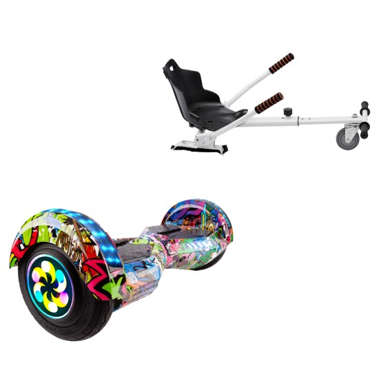 Pachet Hoverboard 8 inch cu Scaun Standard, Transformers Multicolor PRO, Autonomie Extinsa si Hoverkart Ergonomic Alb, Smart Balance