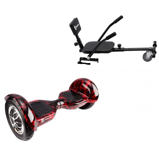 Pachet Hoverboard 10 inch cu Scaun Confort, Off-Road Flame, Autonomie Extinsa si Hoverkart cu Burete Negru, Smart Balance