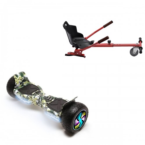 Pachet Hoverboard 8.5 inch cu Scaun Standard, Hummer Camouflage PRO, Autonomie Standard si Hoverkart Ergonomic Rosu, Smart Balance