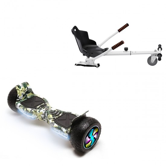 Pachet Hoverboard 8.5 inch cu Scaun Standard, Hummer Camouflage PRO, Autonomie Extinsa si Hoverkart Ergonomic Alb, Smart Balance