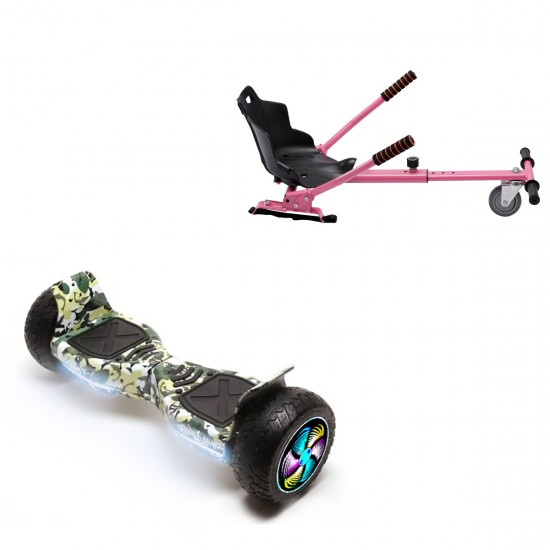 Pachet Hoverboard 8.5 inch cu Scaun Standard, Hummer Camouflage PRO, Autonomie Extinsa si Hoverkart Ergonomic Roz, Smart Balance