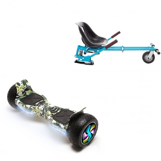 Pachet Hoverboard 8.5 inch cu Scaun cu Suspensii, Hummer Camouflage PRO, Autonomie Extinsa si Hoverkart Albastru cu Suspensii Duble, Smart Balance