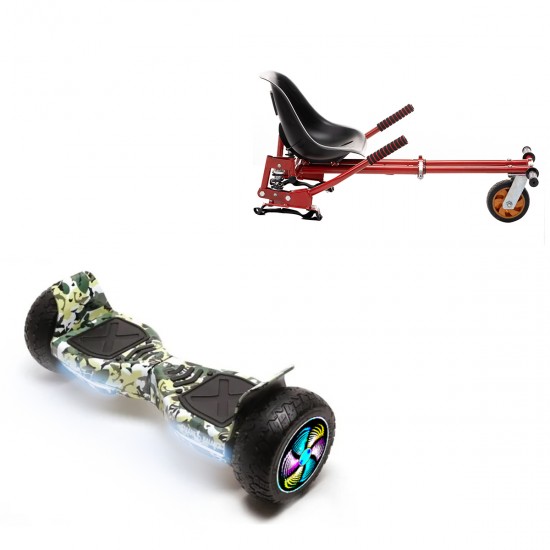 Pachet Hoverboard 8.5 inch cu Scaun cu Suspensii, Hummer Camouflage PRO, Autonomie Extinsa si Hoverkart Rosu cu Suspensii Duble, Smart Balance