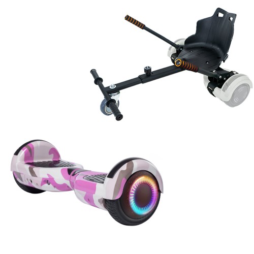 Pachet Hoverboard 6.5 inch cu Scaun Standard, Regular Camouflage Pink PRO, Autonomie Extinsa si Hoverkart Ergonomic Negru, Smart Balance