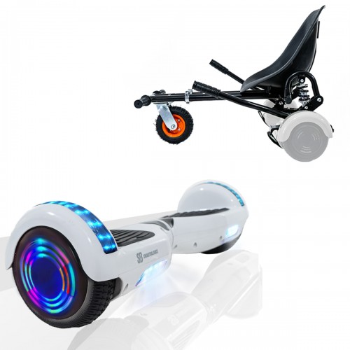 Pachet Hoverboard 6.5 inch cu Scaun cu Suspensii, Regular White Pearl Junior, Autonomie Standard si Hoverkart Negru cu Suspensii Duble, Smart Balance