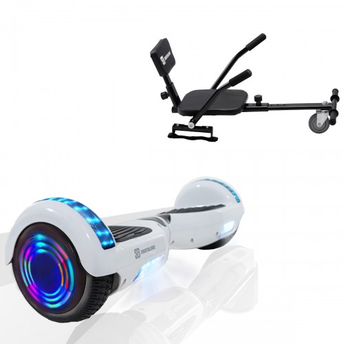 Pachet Hoverboard 6.5 inch cu Scaun Confort, Regular White Pearl Junior, Autonomie Standard si Hoverkart cu Burete Negru, Smart Balance