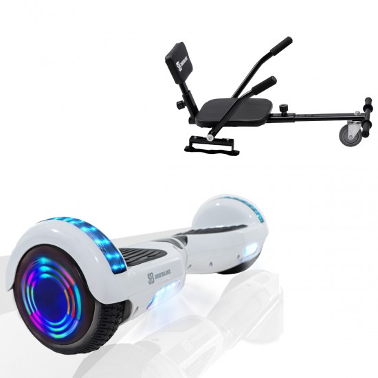 Pachet Hoverboard 6.5 inch cu Scaun Confort, Regular White Pearl Junior, Autonomie Standard si Hoverkart cu Burete Negru, Smart Balance