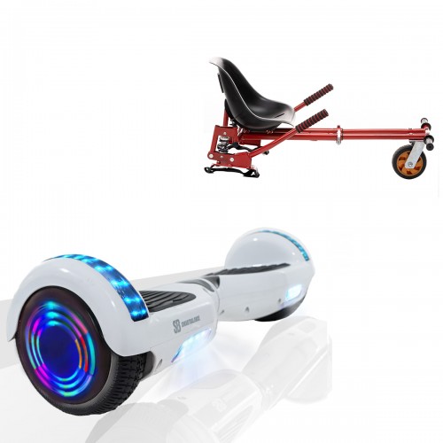 Pachet Hoverboard 6.5 inch cu Scaun cu Suspensii, Regular White Pearl Junior, Autonomie Standard si Hoverkart Rosu cu Suspensii Duble, Smart Balance