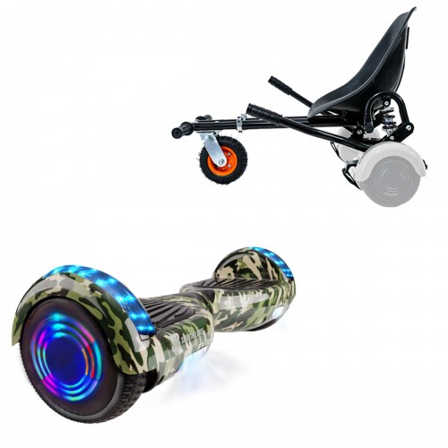 Pachet Hoverboard 6.5 inch cu Scaun cu Suspensii, Regular Camouflage Green Junior, Autonomie Standard si Hoverkart Negru cu Suspensii Duble, Smart Balance