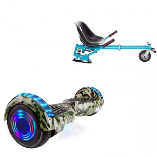 Pachet Hoverboard 6.5 inch cu Scaun cu Suspensii, Regular Camouflage Green Junior, Autonomie Standard si Hoverkart Albastru cu Suspensii Duble, Smart Balance