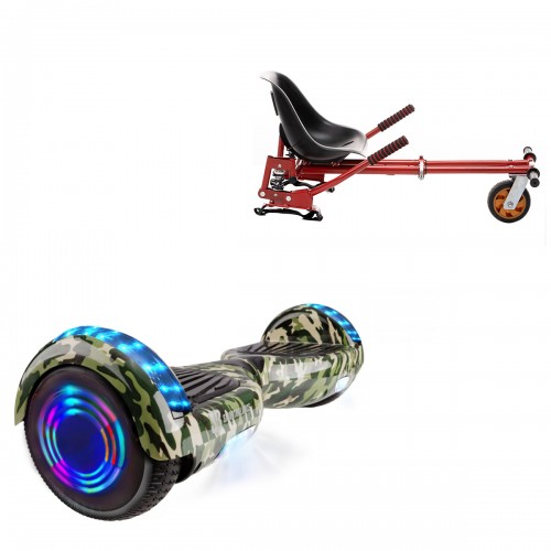 Pachet Hoverboard 6.5 inch cu Scaun cu Suspensii, Regular Camouflage Green Junior, Autonomie Standard si Hoverkart Rosu cu Suspensii Duble, Smart Balance