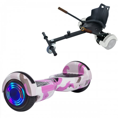 Pachet Hoverboard 6.5 inch cu Scaun Standard, Regular Camouflage Pink Junior, Autonomie Standard si Hoverkart Ergonomic Negru, Smart Balance