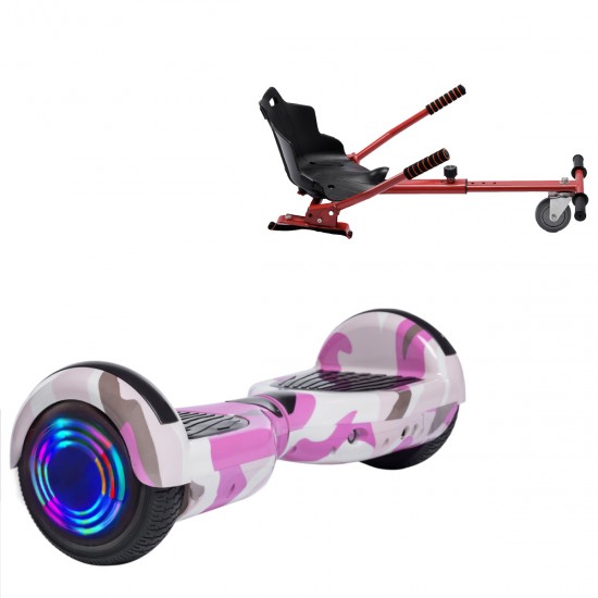 Pachet Hoverboard 6.5 inch cu Scaun Standard, Regular Camouflage Pink Junior, Autonomie Standard si Hoverkart Ergonomic Rosu, Smart Balance