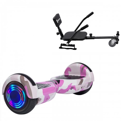 Pachet Hoverboard 6.5 inch cu Scaun Confort, Regular Camouflage Pink Junior, Autonomie Standard si Hoverkart cu Burete Negru, Smart Balance