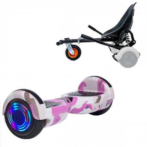 Pachet Hoverboard 6.5 inch cu Scaun cu Suspensii, Regular Camouflage Pink Junior, Autonomie Standard si Hoverkart Negru cu Suspensii Duble, Smart Balance