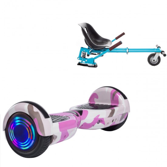 Pachet Hoverboard 6.5 inch cu Scaun cu Suspensii, Regular Camouflage Pink Junior, Autonomie Standard si Hoverkart Albastru cu Suspensii Duble, Smart Balance