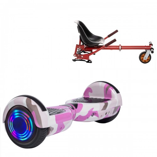 Pachet Hoverboard 6.5 inch cu Scaun cu Suspensii, Regular Camouflage Pink Junior, Autonomie Standard si Hoverkart Rosu cu Suspensii Duble, Smart Balance