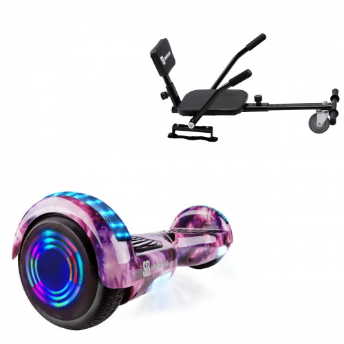 Pachet Hoverboard 6.5 inch cu Scaun Confort, Regular Galaxy Pink Junior, Autonomie Standard si Hoverkart cu Burete Negru, Smart Balance