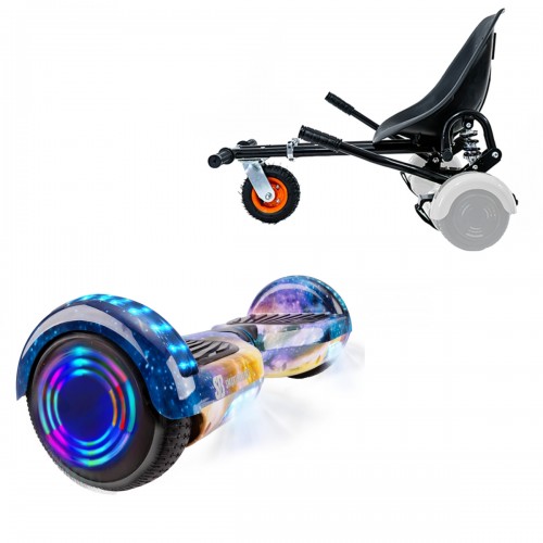 Pachet Hoverboard 6.5 inch cu Scaun cu Suspensii, Regular Galaxy Orange Junior, Autonomie Standard si Hoverkart Negru cu Suspensii Duble, Smart Balance