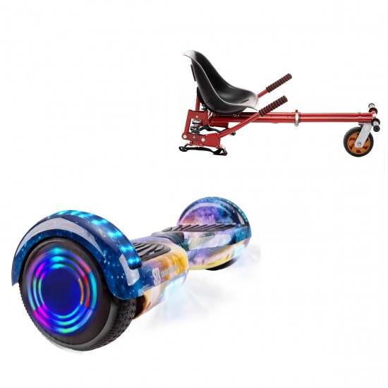 Pachet Hoverboard 6.5 inch cu Scaun cu Suspensii, Regular Galaxy Orange Junior, Autonomie Standard si Hoverkart Rosu cu Suspensii Duble, Smart Balance