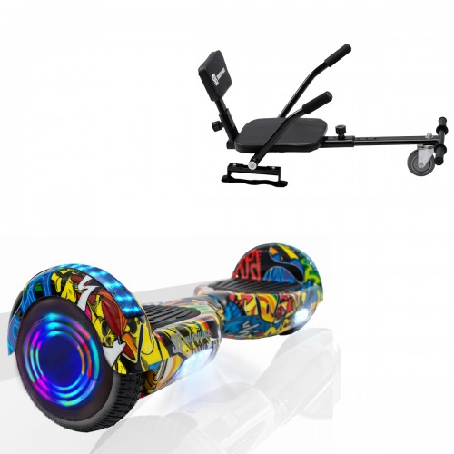 Pachet Hoverboard 6.5 inch cu Scaun Confort, Regular HipHop Junior, Autonomie Standard si Hoverkart cu Burete Negru, Smart Balance