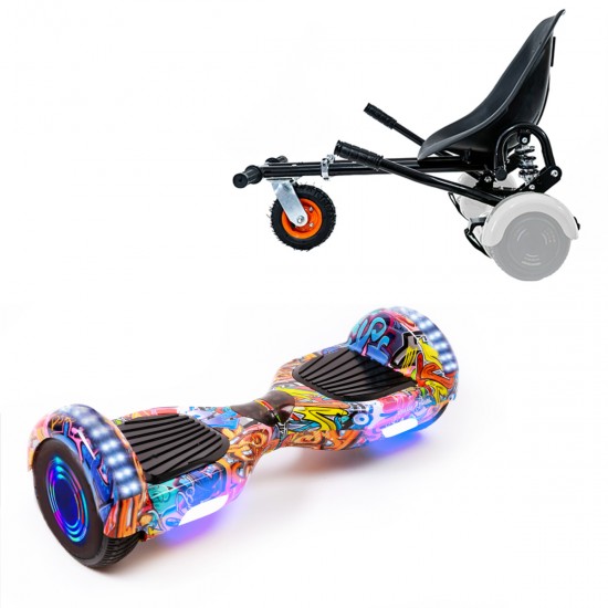 Pachet Hoverboard 6.5 inch cu Scaun cu Suspensii, Regular HipHop Orange Junior, Autonomie Standard si Hoverkart Negru cu Suspensii Duble, Smart Balance