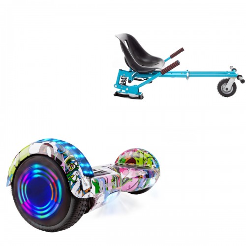 Pachet Hoverboard 6.5 inch cu Scaun cu Suspensii, Regular Multicolor Junior, Autonomie Standard si Hoverkart Albastru cu Suspensii Duble, Smart Balance