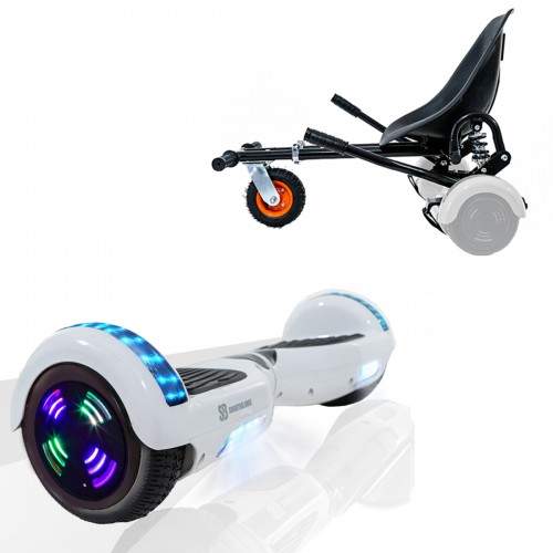 Pachet Hoverboard 6.5 inch cu Scaun cu Suspensii, Regular White Pearl Junior, Autonomie Standard si Hoverkart Negru cu Suspensii Duble, Smart Balance