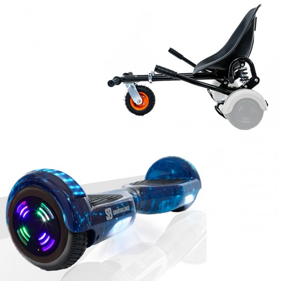 Pachet Hoverboard 6.5 inch cu Scaun cu Suspensii, Regular Galaxy Blue Junior, Autonomie Standard si Hoverkart Negru cu Suspensii Duble, Smart Balance