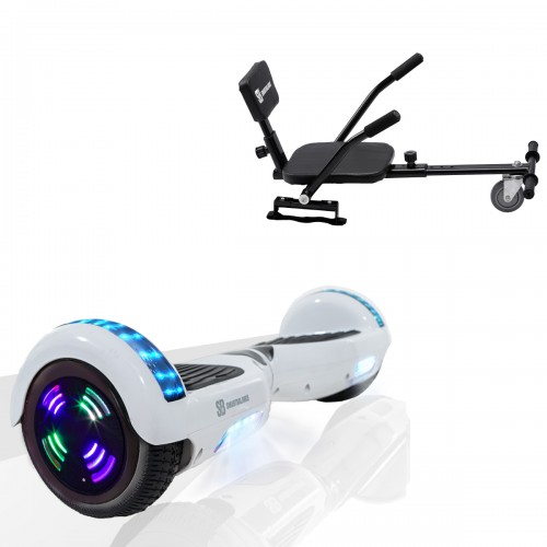 Pachet Hoverboard 6.5 inch cu Scaun Confort, Regular White Pearl Junior, Autonomie Standard si Hoverkart cu Burete Negru, Smart Balance