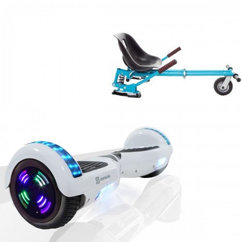 Pachet Hoverboard 6.5 inch cu Scaun cu Suspensii, Regular White Pearl Junior, Autonomie Standard si Hoverkart Albastru cu Suspensii Duble, Smart Balance