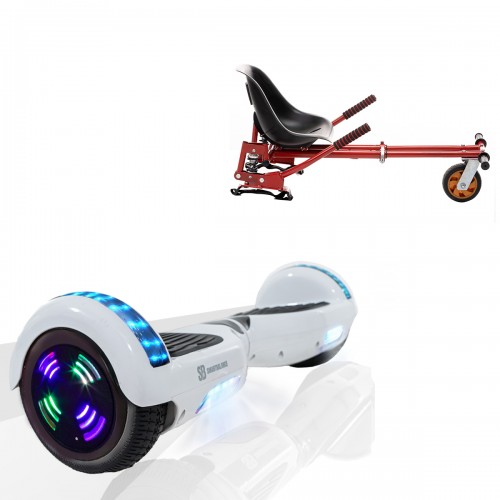 Pachet Hoverboard 6.5 inch cu Scaun cu Suspensii, Regular White Pearl Junior, Autonomie Standard si Hoverkart Rosu cu Suspensii Duble, Smart Balance