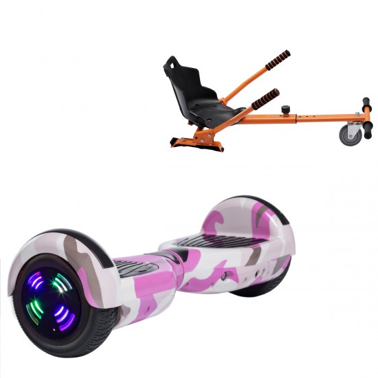 Pachet Hoverboard 6.5 inch cu Scaun Standard, Regular Camouflage Pink Junior, Autonomie Standard si Hoverkart Ergonomic Portocaliu, Smart Balance